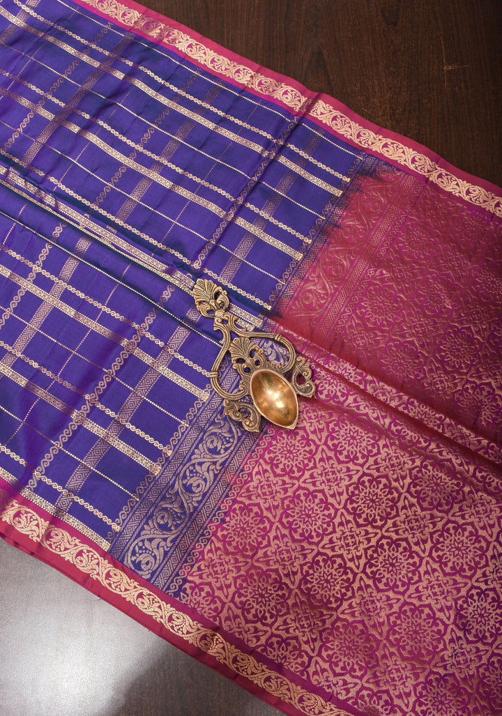 Blue Dual Tone Kanjivaram Soft Silk Saree with Zari Stripes and short width borders | SILK MARK CERTIFIED