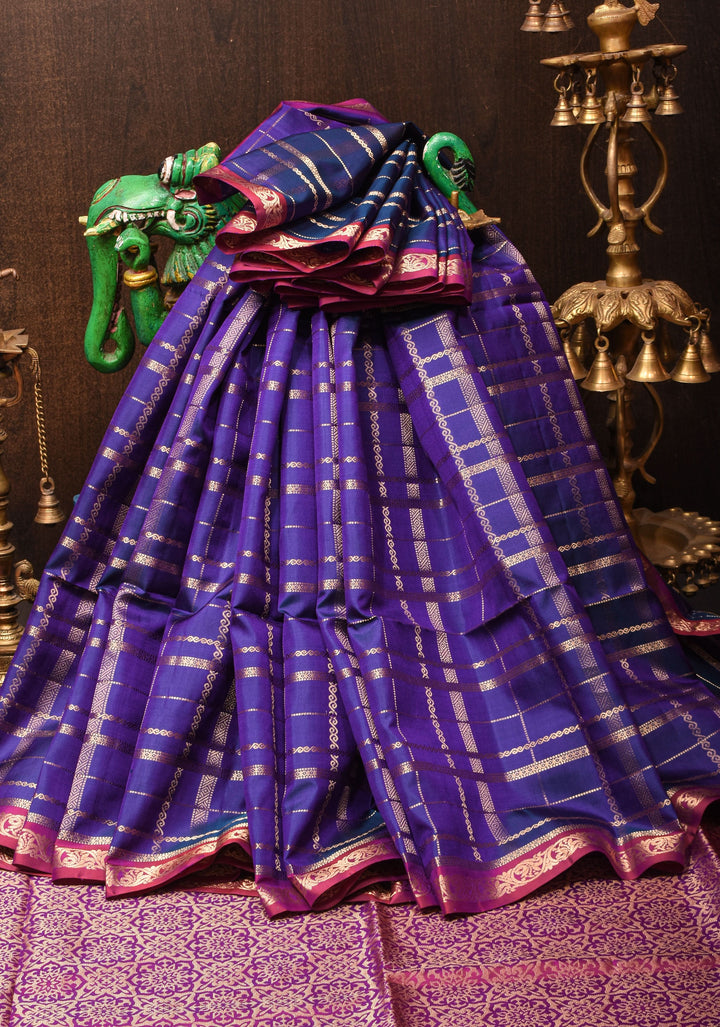 Blue Dual Tone Kanjivaram Soft Silk Saree with Zari Stripes and short width borders | SILK MARK CERTIFIED