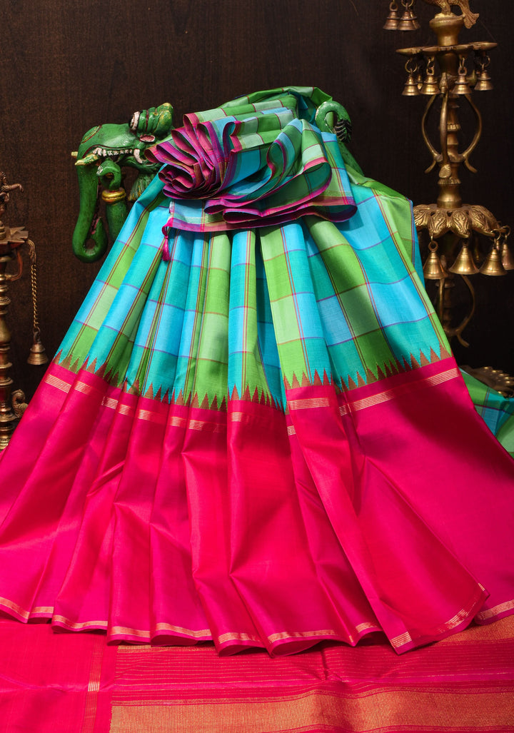 Green and Blue Checks Kanjivaram silk Saree with Pink Rettaipet Contrast Border | SILK MARK CERTIFIED