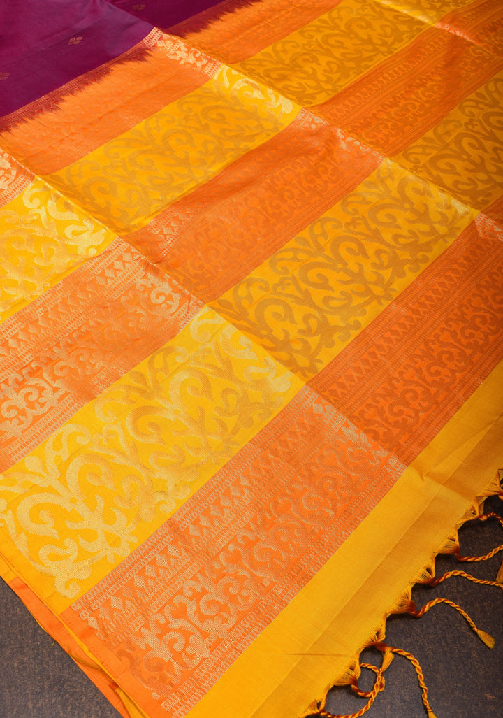 Plum Purple  Kanjivaram Silk Saree with Floral Butti and Contrast Zari Border | SILK MARK CERTIFIED