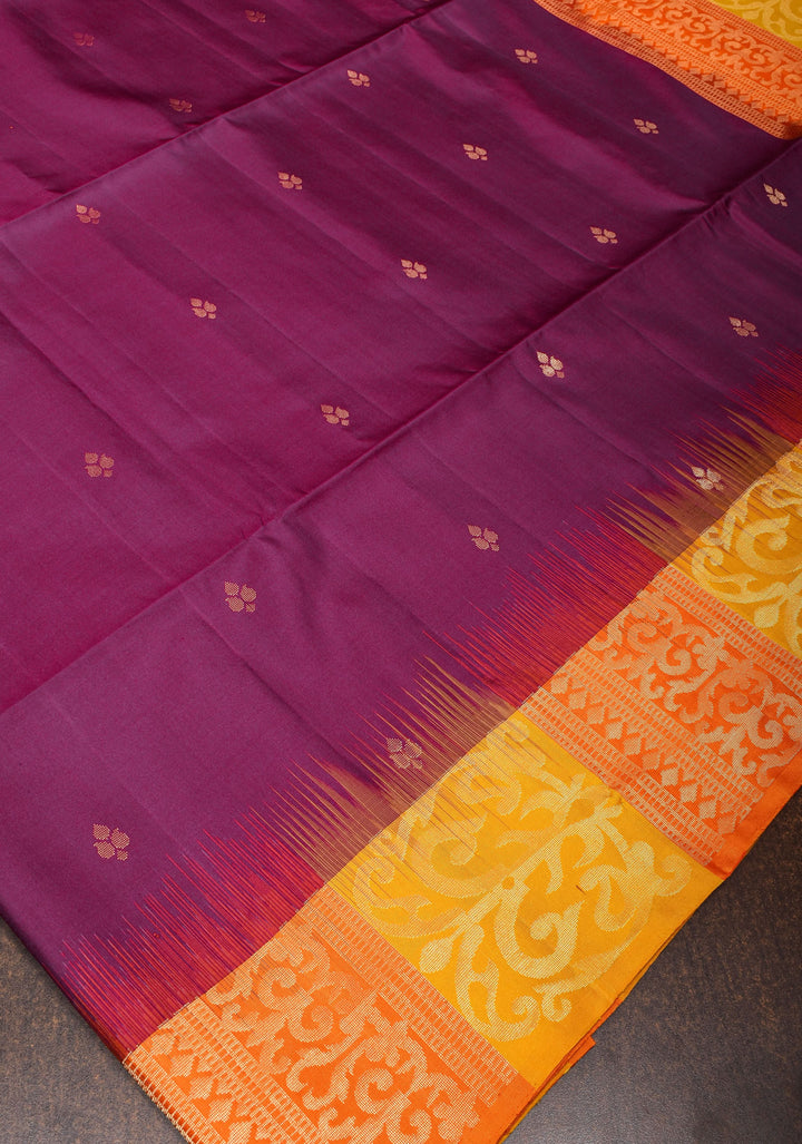 Plum Purple  Kanjivaram Silk Saree with Floral Butti and Contrast Zari Border | SILK MARK CERTIFIED