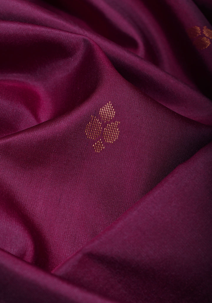 Plum Purple  Kanjivaram Silk Saree with Floral Butti and Contrast Zari Border | SILK MARK CERTIFIED