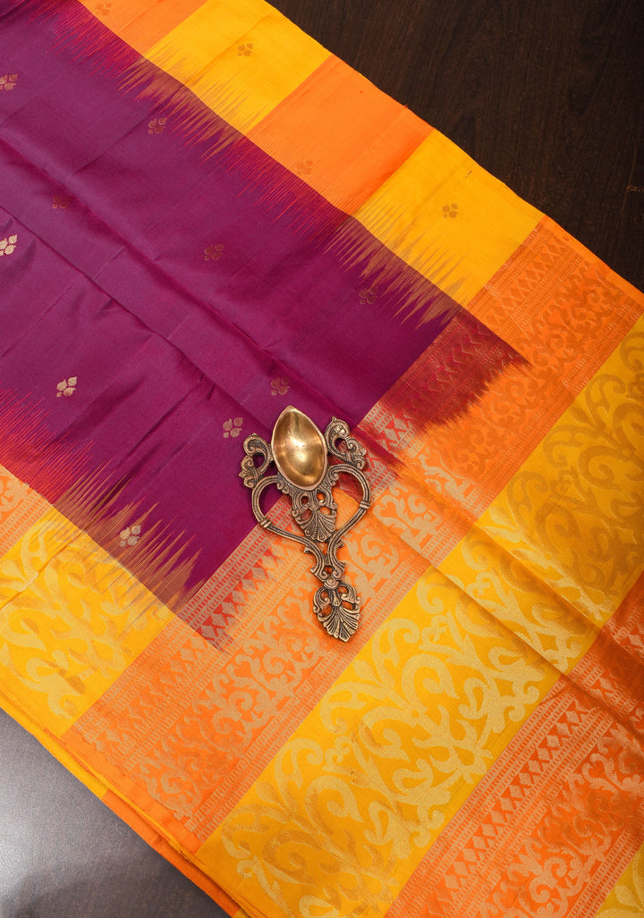 Plum Purple  Kanjivaram Silk Saree with Floral Butti and Contrast Zari Border | SILK MARK CERTIFIED