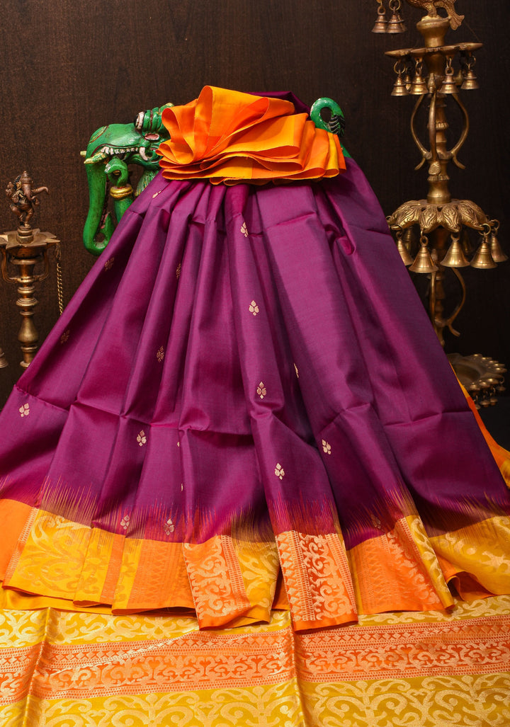 Plum Purple  Kanjivaram Silk Saree with Floral Butti and Contrast Zari Border | SILK MARK CERTIFIED
