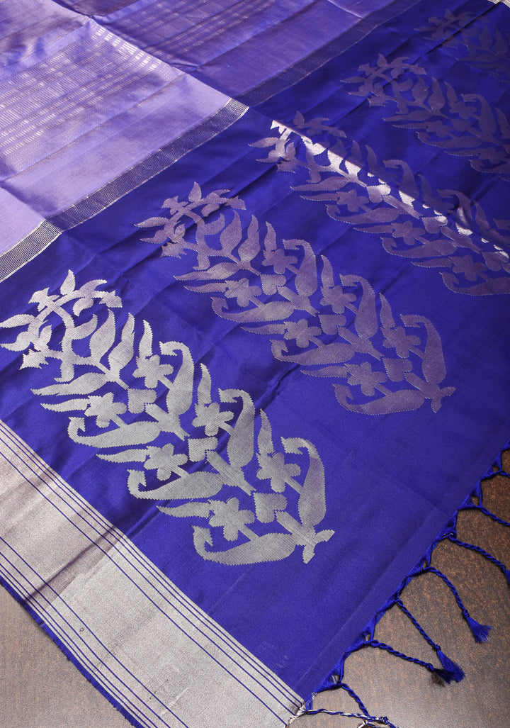 Blue Kanjivaram Soft Silk Saree with Vertical Stripes and silver Zari Border | SILK MARK CERTIFIED