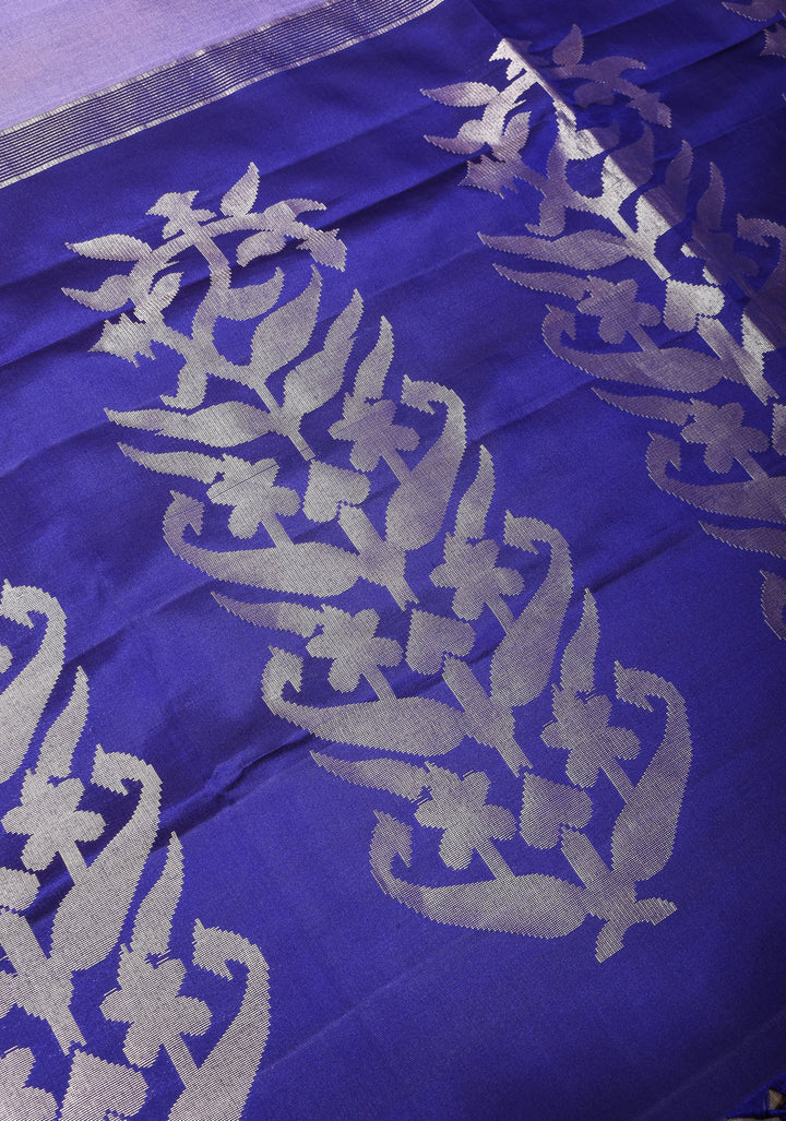 Blue Kanjivaram Soft Silk Saree with Vertical Stripes and silver Zari Border | SILK MARK CERTIFIED