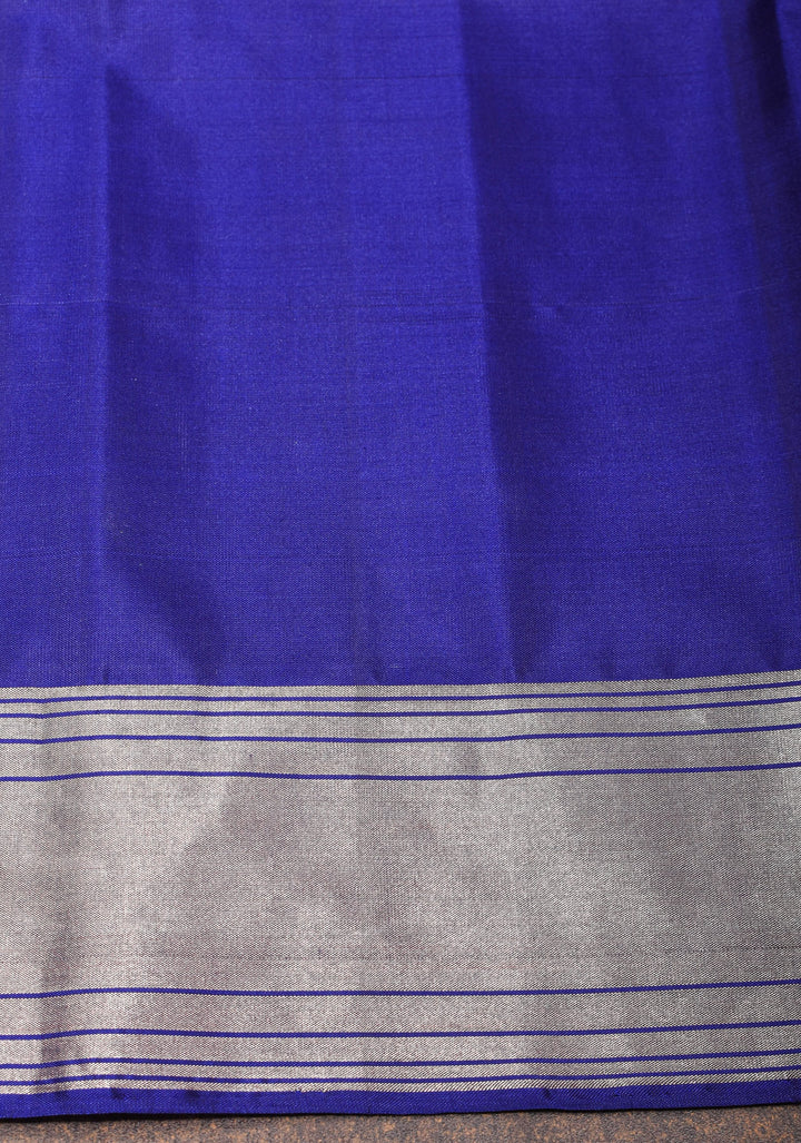 Blue Kanjivaram Soft Silk Saree with Vertical Stripes and silver Zari Border | SILK MARK CERTIFIED
