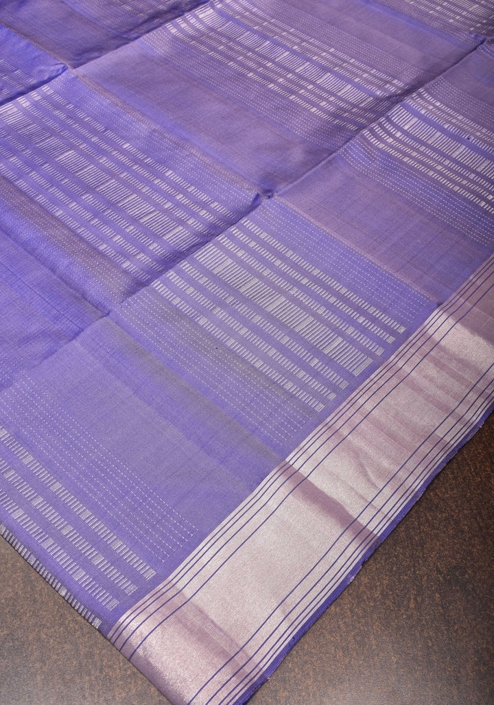 Blue Kanjivaram Soft Silk Saree with Vertical Stripes and silver Zari Border | SILK MARK CERTIFIED