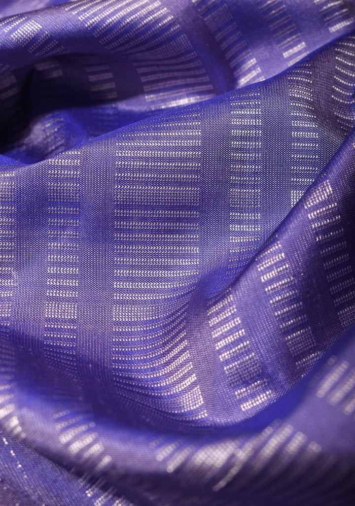 Blue Kanjivaram Soft Silk Saree with Vertical Stripes and silver Zari Border | SILK MARK CERTIFIED