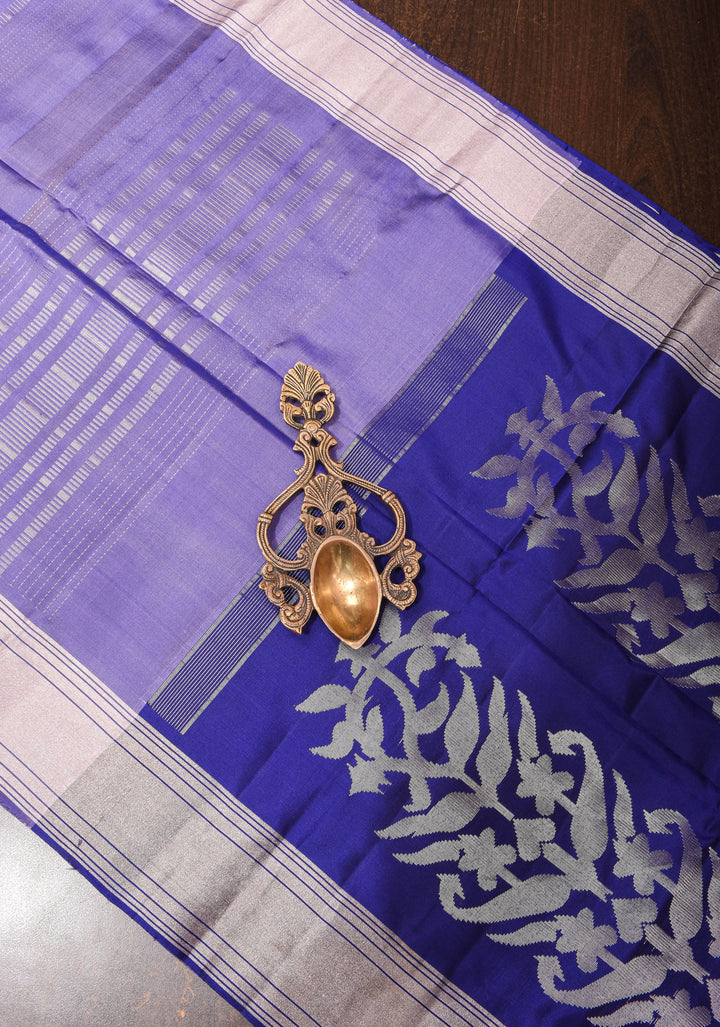 Blue Kanjivaram Soft Silk Saree with Vertical Stripes and silver Zari Border | SILK MARK CERTIFIED