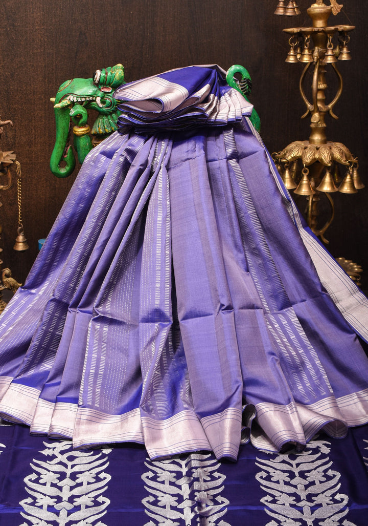 Blue Kanjivaram Soft Silk Saree with Vertical Stripes and silver Zari Border | SILK MARK CERTIFIED