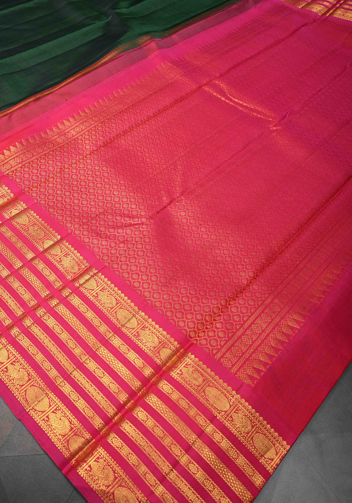 Pure Zari Korvai Bottle Green Pure Kanjivaram Silk Saree With Contrast Zari Border | SILK MARK CERTIFIED