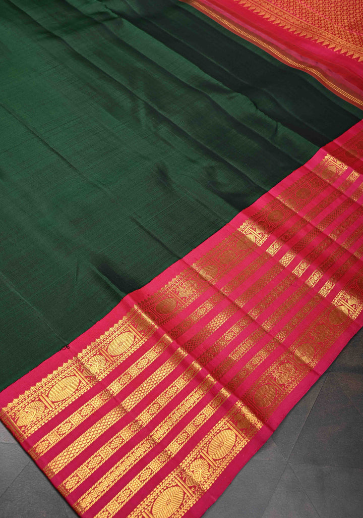 Pure Zari Korvai Bottle Green Pure Kanjivaram Silk Saree With Contrast Zari Border | SILK MARK CERTIFIED