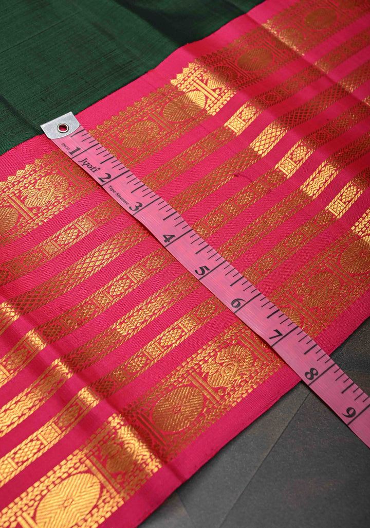 Pure Zari Korvai Bottle Green Pure Kanjivaram Silk Saree With Contrast Zari Border | SILK MARK CERTIFIED