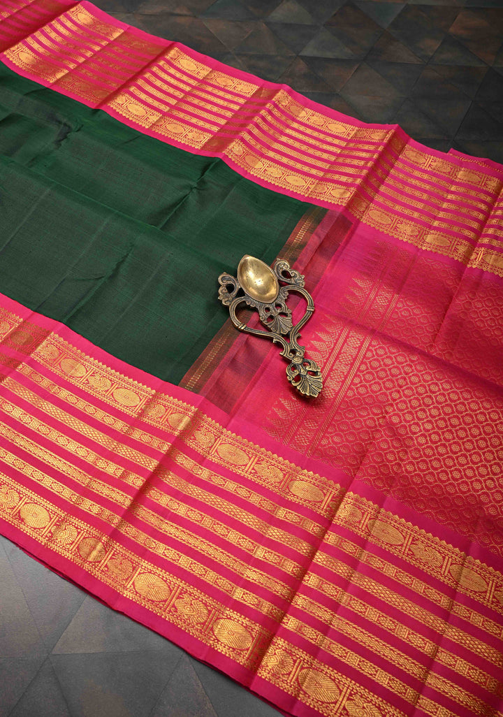 Pure Zari Korvai Bottle Green Pure Kanjivaram Silk Saree With Contrast Zari Border | SILK MARK CERTIFIED