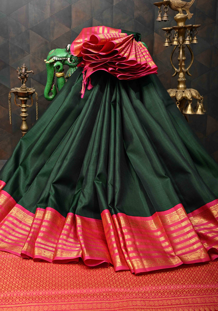 Pure Zari Korvai Bottle Green Pure Kanjivaram Silk Saree With Contrast Zari Border | SILK MARK CERTIFIED