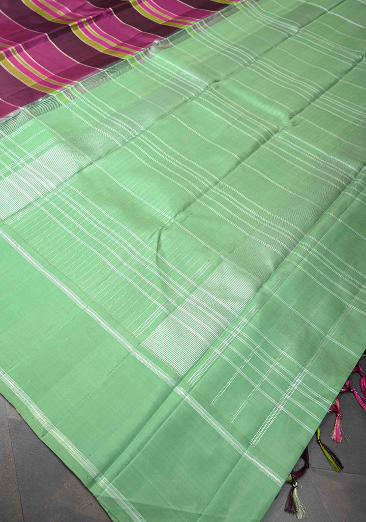 Plum Purple Kanjivaram Silk Saree With Striped Panel Design And Contrast Borders | SILK MARK CERTIFIED
