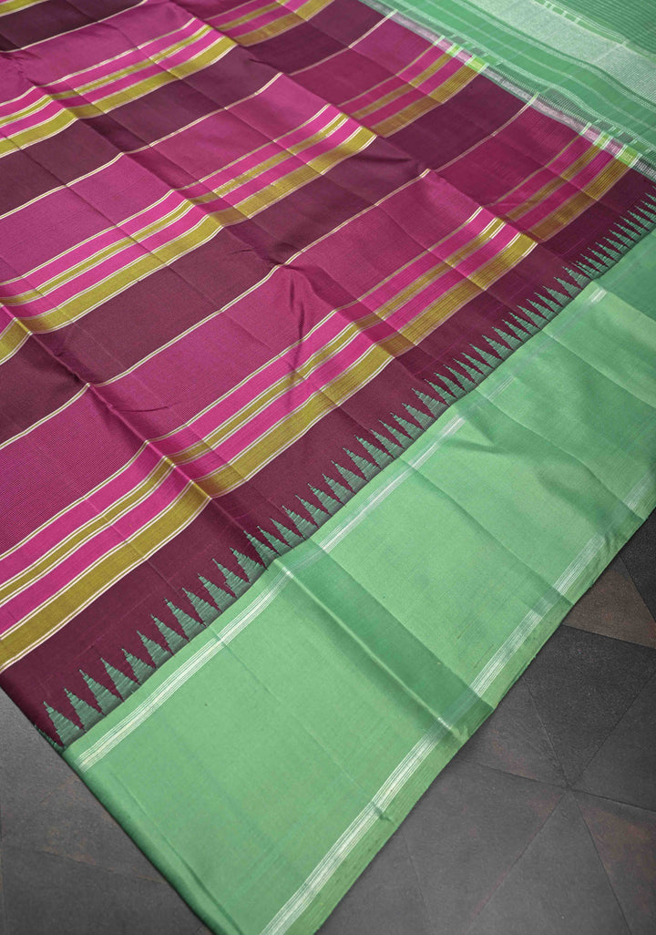 Plum Purple Kanjivaram Silk Saree With Striped Panel Design And Contrast Borders | SILK MARK CERTIFIED