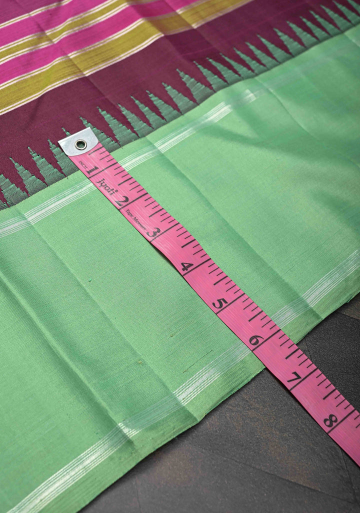 Plum Purple Kanjivaram Silk Saree With Striped Panel Design And Contrast Borders | SILK MARK CERTIFIED