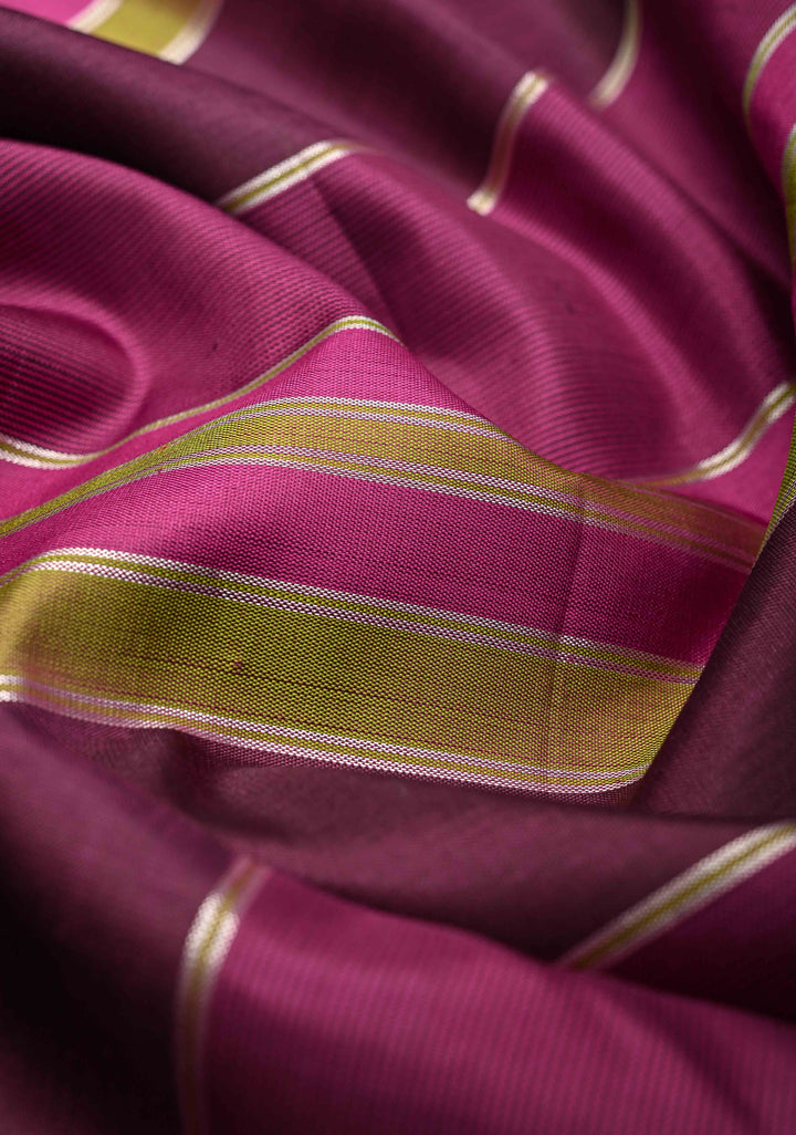 Plum Purple Kanjivaram Silk Saree With Striped Panel Design And Contrast Borders | SILK MARK CERTIFIED