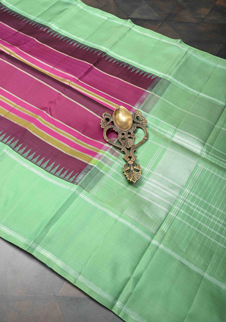 Plum Purple Kanjivaram Silk Saree With Striped Panel Design And Contrast Borders | SILK MARK CERTIFIED