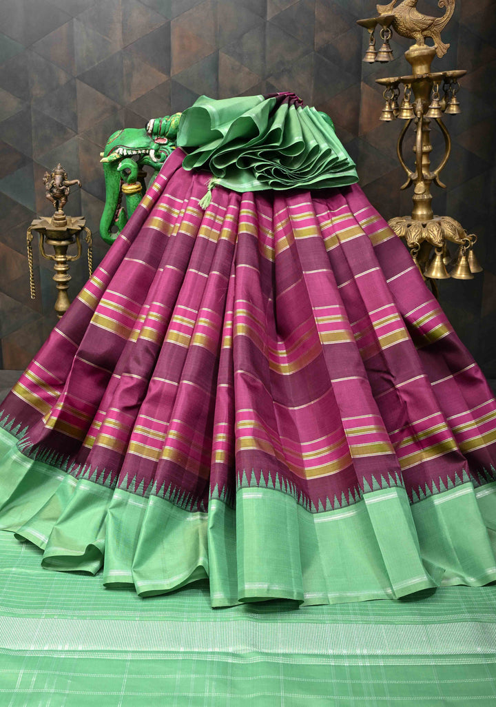 Plum Purple Kanjivaram Silk Saree With Striped Panel Design And Contrast Borders | SILK MARK CERTIFIED