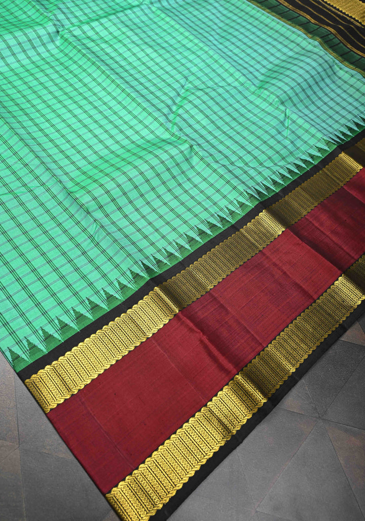 Spring Green Checks Pattern Kanjivaram Silk Saree with Contrast Temple Rettaipet Zari Border | SILK MARK CERTIFIED