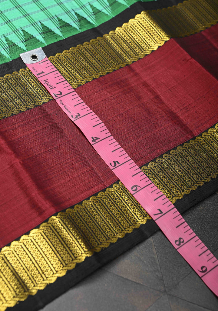 Spring Green Checks Pattern Kanjivaram Silk Saree with Contrast Temple Rettaipet Zari Border | SILK MARK CERTIFIED