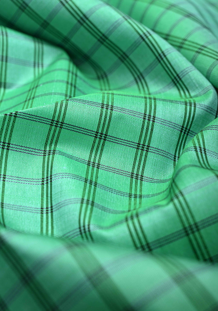 Spring Green Checks Pattern Kanjivaram Silk Saree with Contrast Temple Rettaipet Zari Border | SILK MARK CERTIFIED