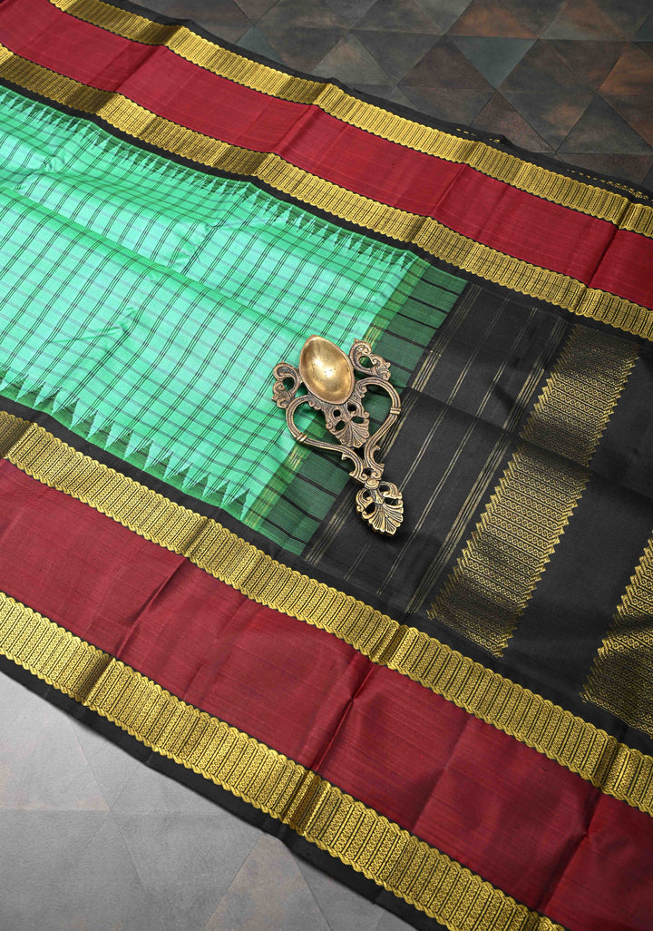 Spring Green Checks Pattern Kanjivaram Silk Saree with Contrast Temple Rettaipet Zari Border | SILK MARK CERTIFIED