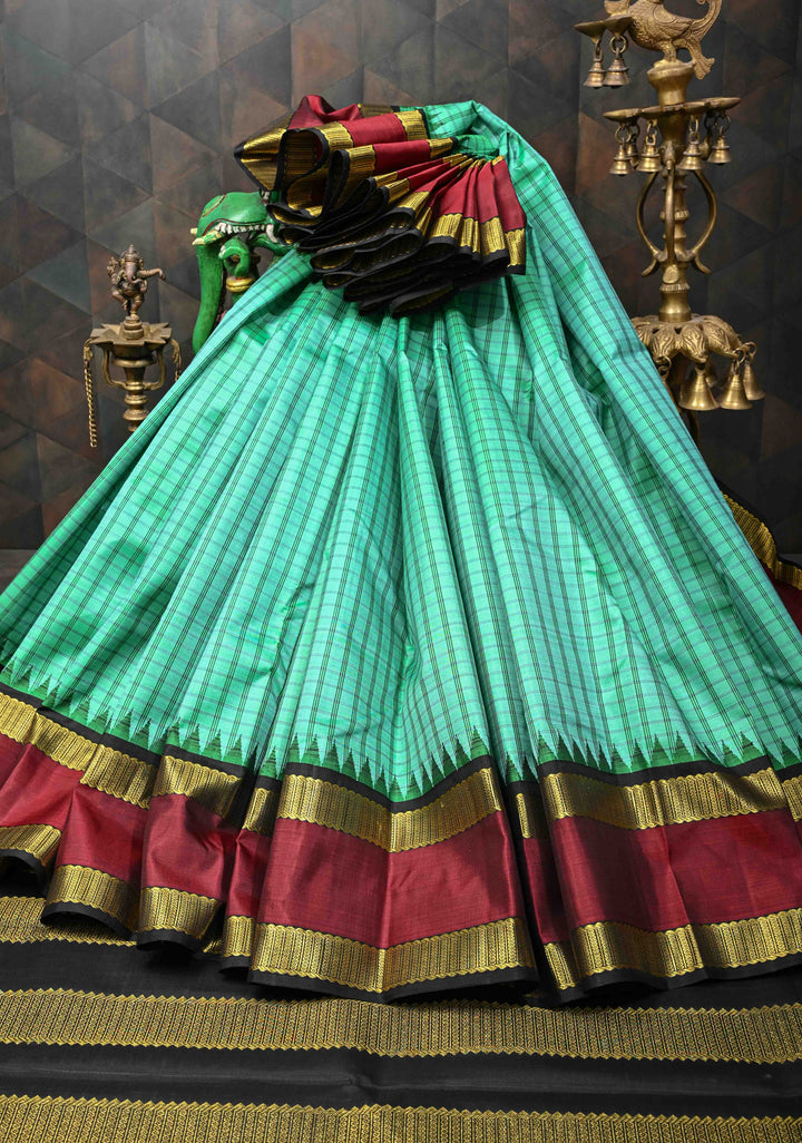 Spring Green Checks Pattern Kanjivaram Silk Saree with Contrast Temple Rettaipet Zari Border | SILK MARK CERTIFIED