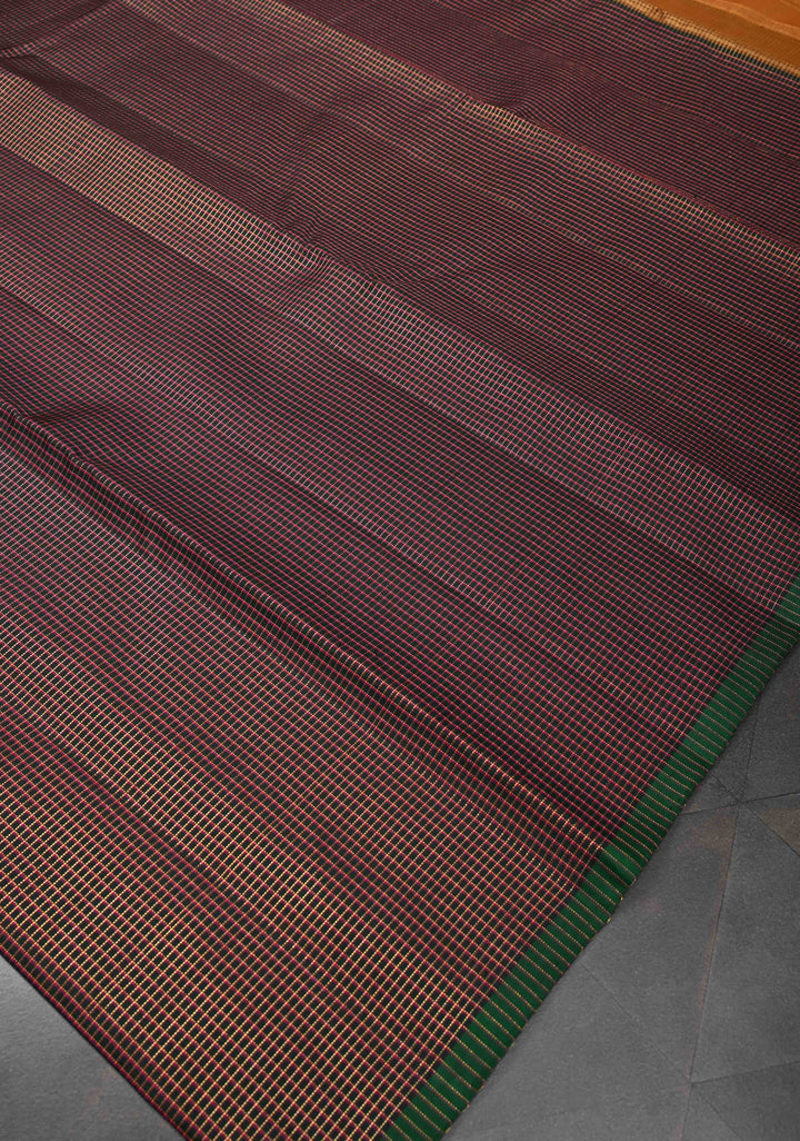 Green Zari checks Podi Kattam Pure Kanjivaram Silk Saree With Selvedge and Mustard Yellow Pallu | SILK MARK CERTIFIED