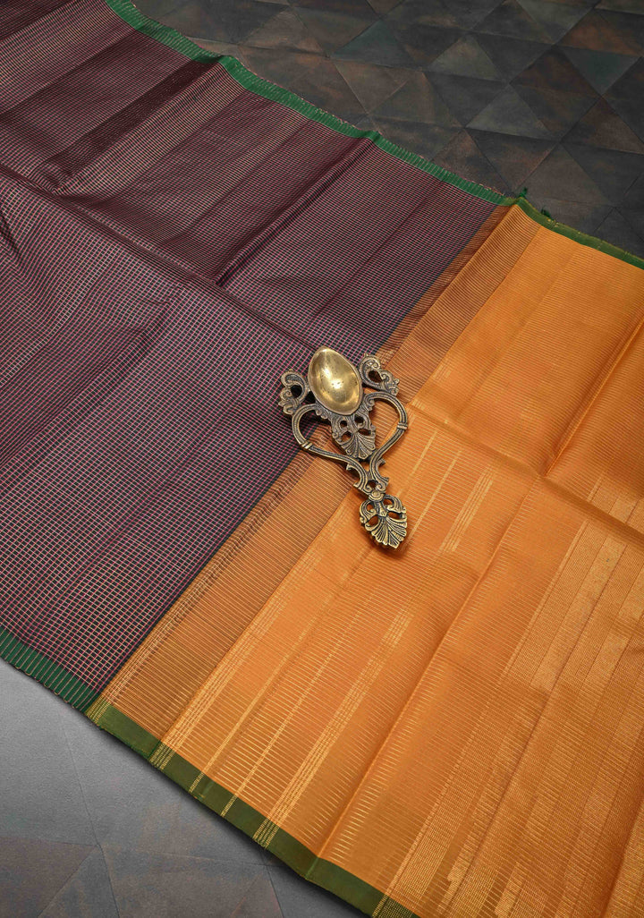 Green Zari checks Podi Kattam Pure Kanjivaram Silk Saree With Selvedge and Mustard Yellow Pallu | SILK MARK CERTIFIED