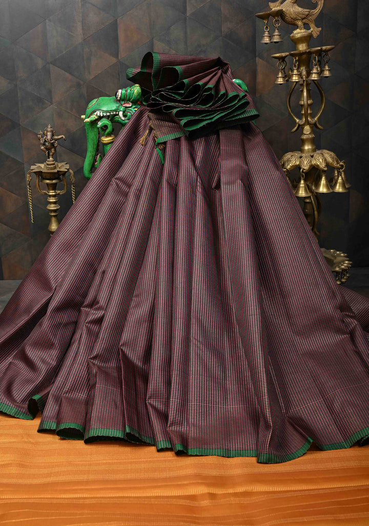 Green Zari checks Podi Kattam Pure Kanjivaram Silk Saree With Selvedge and Mustard Yellow Pallu | SILK MARK CERTIFIED