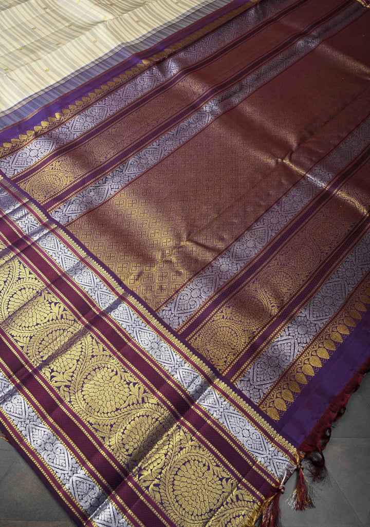 Beige Gray Stripes Design Kanjivaram Pure Silk Saree with Zari Buttas and Contrast Egg Plant Zari Border | SILK MARK CERTIFIED
