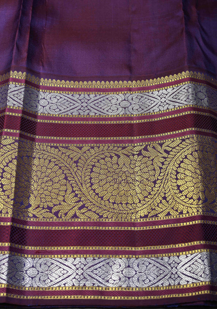 Beige Gray Stripes Design Kanjivaram Pure Silk Saree with Zari Buttas and Contrast Egg Plant Zari Border | SILK MARK CERTIFIED