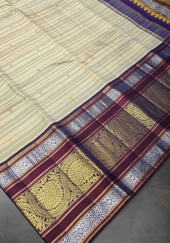 Beige Gray Stripes Design Kanjivaram Pure Silk Saree with Zari Buttas and Contrast Egg Plant Zari Border | SILK MARK CERTIFIED