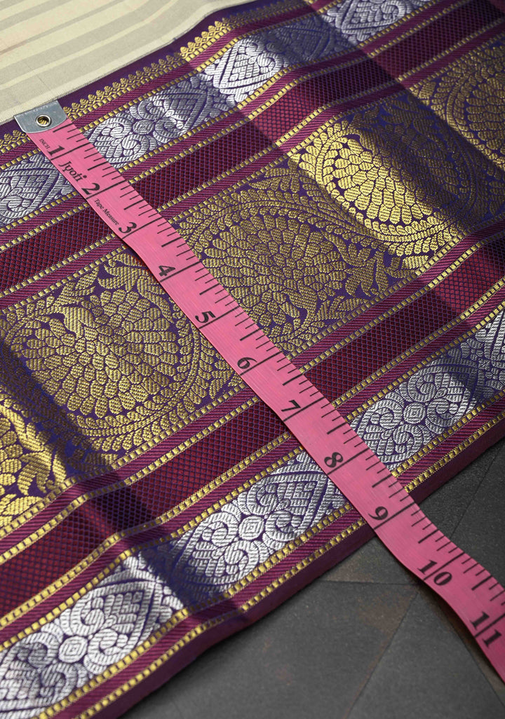 Beige Gray Stripes Design Kanjivaram Pure Silk Saree with Zari Buttas and Contrast Egg Plant Zari Border | SILK MARK CERTIFIED