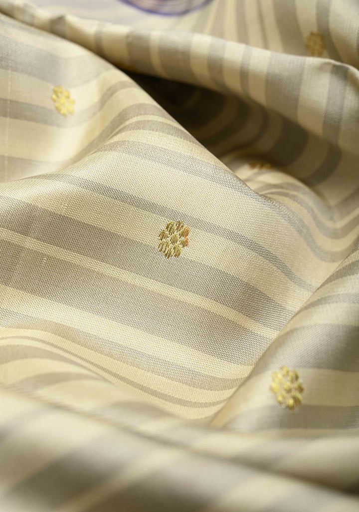 Beige Gray Stripes Design Kanjivaram Pure Silk Saree with Zari Buttas and Contrast Egg Plant Zari Border | SILK MARK CERTIFIED
