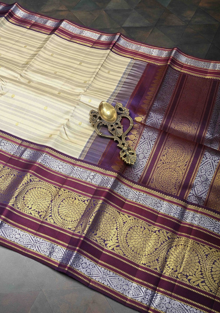 Beige Gray Stripes Design Kanjivaram Pure Silk Saree with Zari Buttas and Contrast Egg Plant Zari Border | SILK MARK CERTIFIED