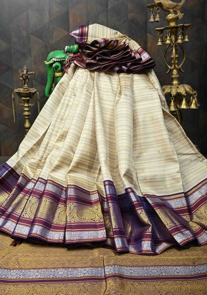 Beige Gray Stripes Design Kanjivaram Pure Silk Saree with Zari Buttas and Contrast Egg Plant Zari Border | SILK MARK CERTIFIED