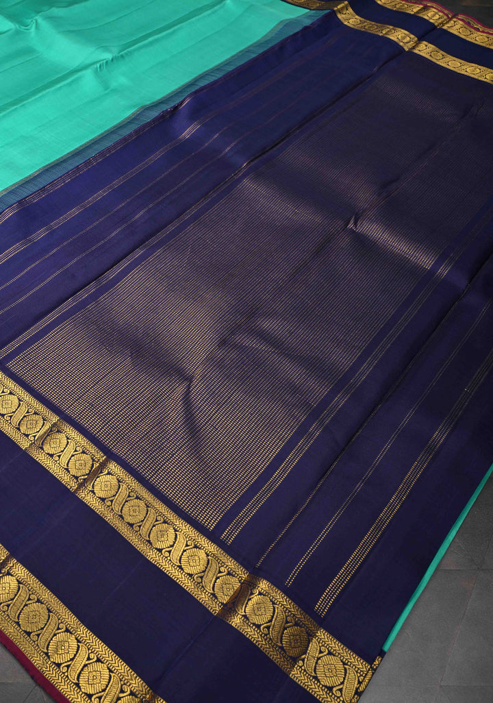 Sea Green Kanjivaram Pure Silk Saree with Contrast Blue Rettaipet Border | SILK MARK CERTIFIED