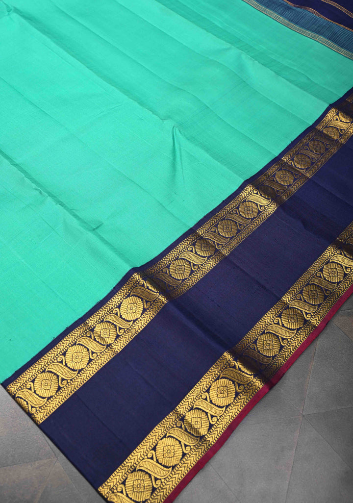 Sea Green Kanjivaram Pure Silk Saree with Contrast Blue Rettaipet Border | SILK MARK CERTIFIED