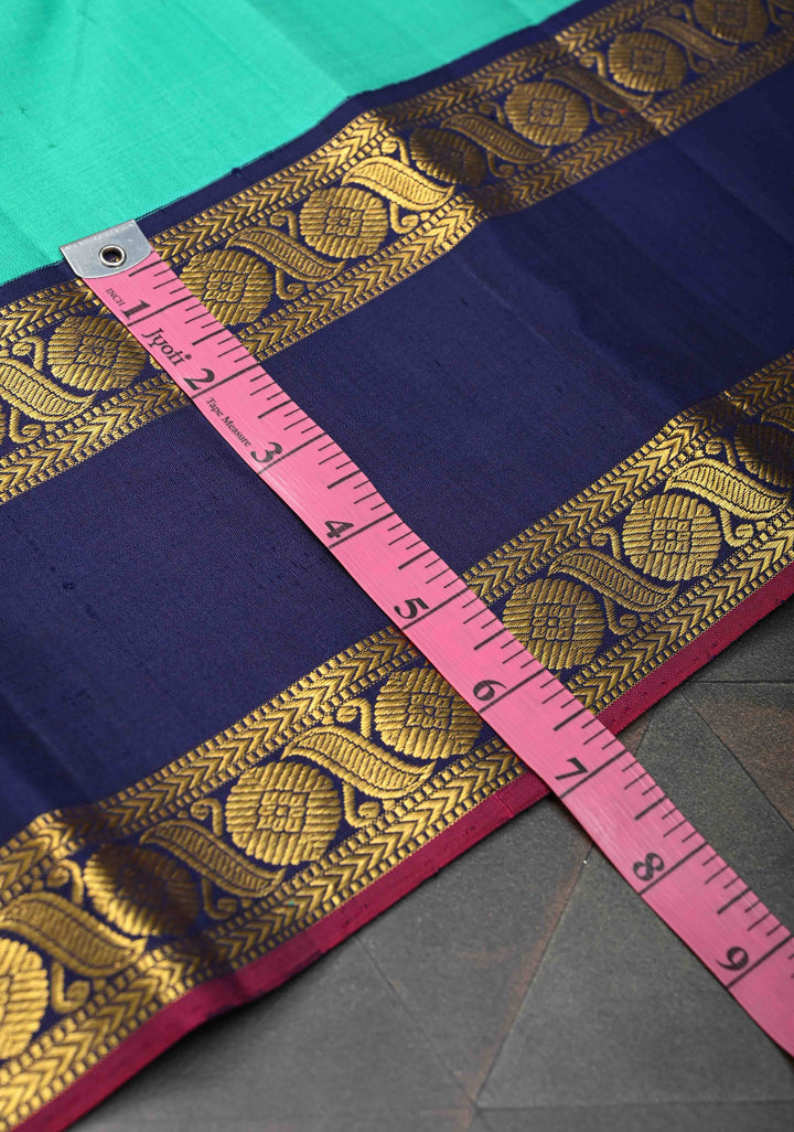 Sea Green Kanjivaram Pure Silk Saree with Contrast Blue Rettaipet Border | SILK MARK CERTIFIED