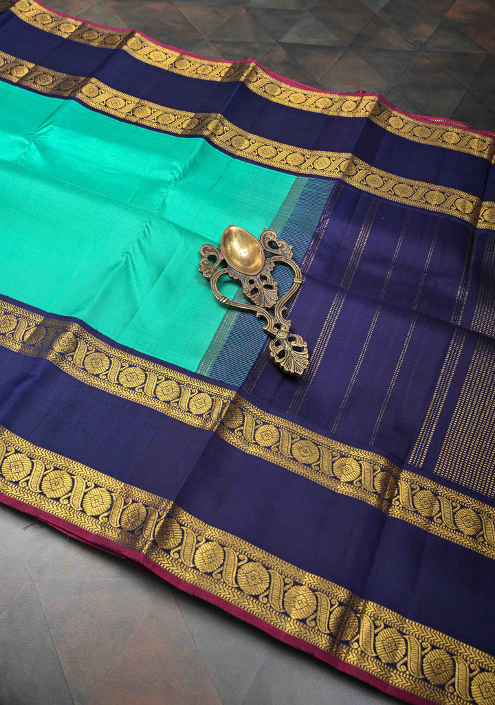 Sea Green Kanjivaram Pure Silk Saree with Contrast Blue Rettaipet Border | SILK MARK CERTIFIED
