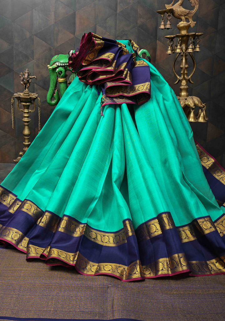 Sea Green Kanjivaram Pure Silk Saree with Contrast Blue Rettaipet Border | SILK MARK CERTIFIED