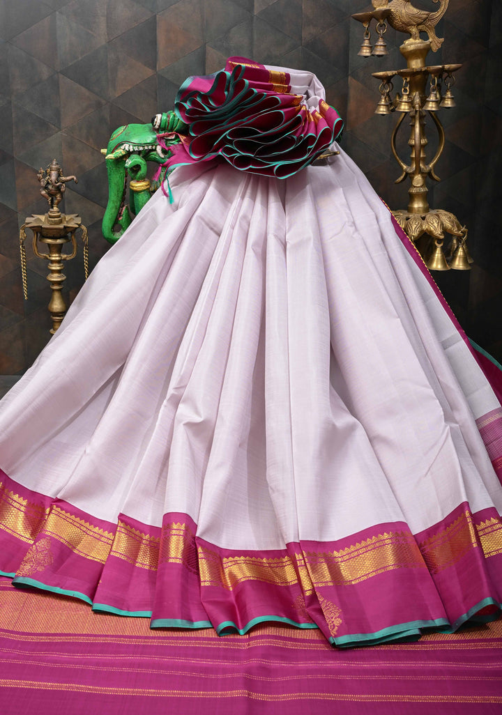 Korvai Weave Dewy Lilac Kanjivaram Silk Saree with Distinct Damask Motif On contrast Zari Border | SILK MARK CERTIFIED