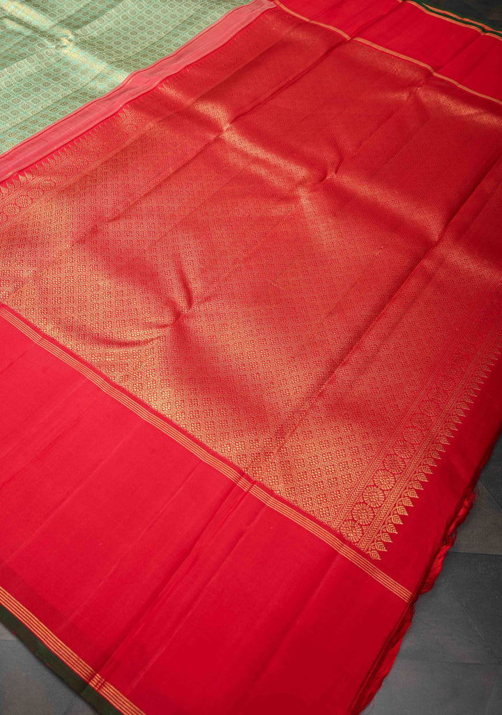 Tea Green Pure Kanjivaram Silk Saree With patola brocade and Red Contrast | SILK MARK CERTIFIED