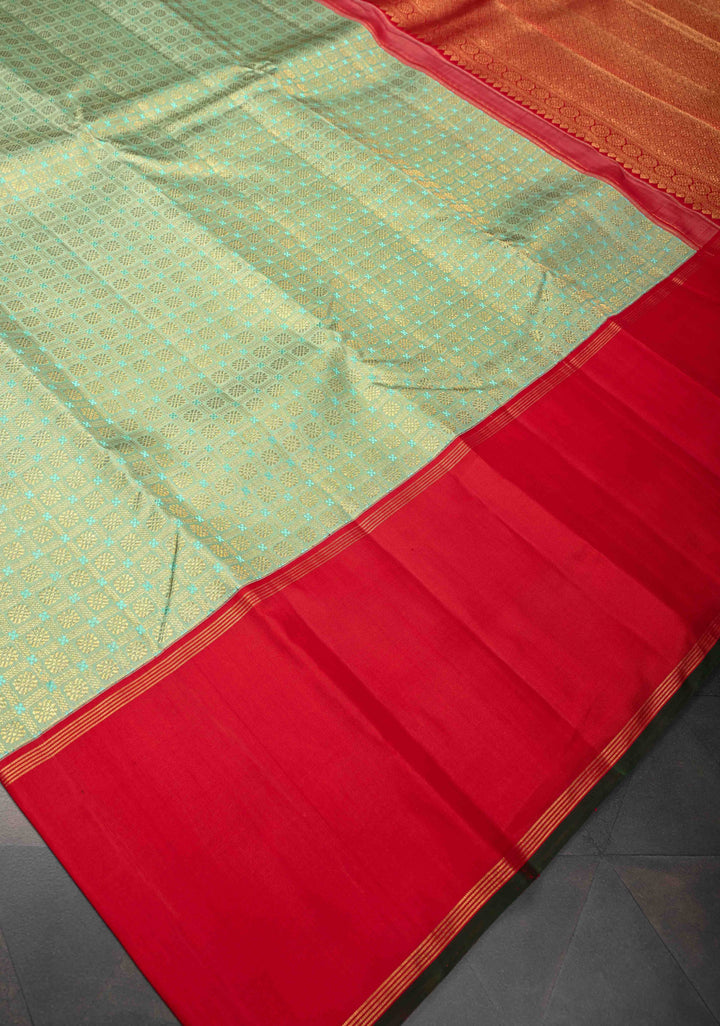Tea Green Pure Kanjivaram Silk Saree With patola brocade and Red Contrast | SILK MARK CERTIFIED