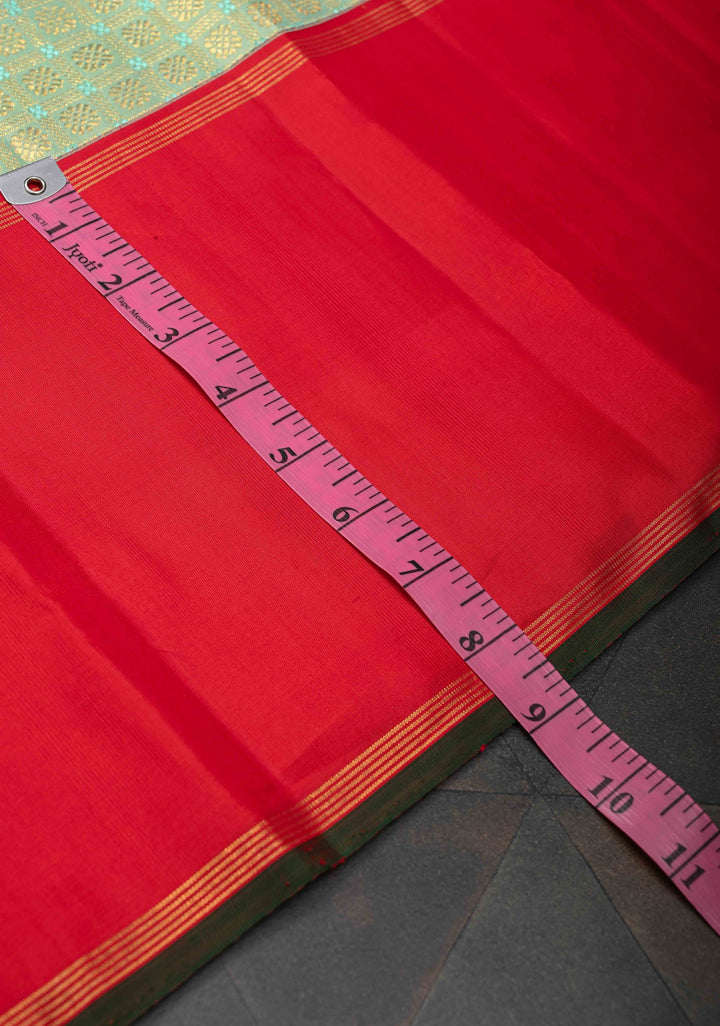 Tea Green Pure Kanjivaram Silk Saree With patola brocade and Red Contrast | SILK MARK CERTIFIED